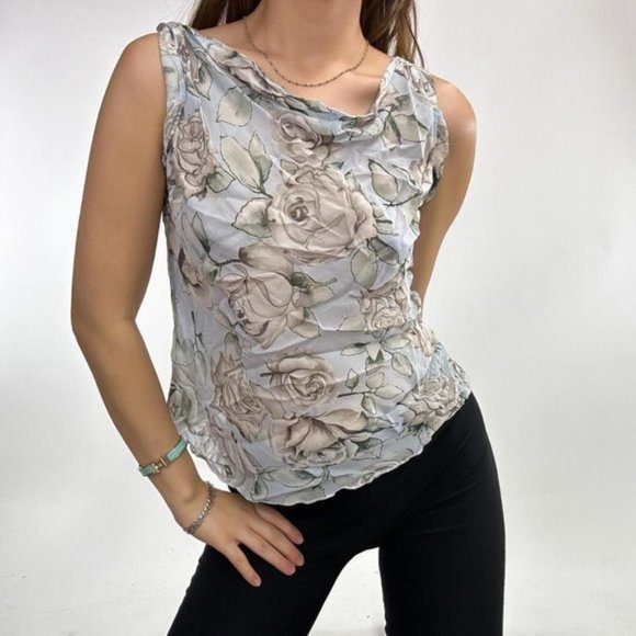 Late 90s Flora Silk Cowl Neck Tank Top - Picture 3 of 6